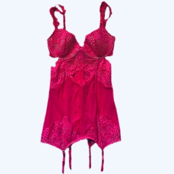 Victorias Secret Sexy Eyelet Cutout Lace Mesh Garter Slip Babydoll 34C pink - Picture 5 of 6